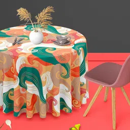 ArtzFolio Green & Orange Abstract Print Anti-Slip Velvet Round 4 Seater Table Cover-19