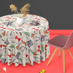 ArtzFolio Off White & Red Printed Anti-Slip Velvet Round 4 Seater Table Cover-14