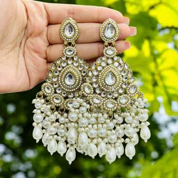 Anouk Gold-Plated Artificial Stones Studded & Beaded Floral Shaped Drop Earrings image 2