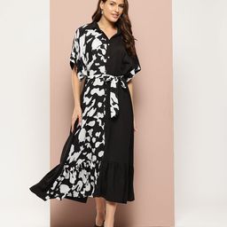Qurvii Printed Kimono Sleeve Crepe Fit & Flare Midi Dress-image-12