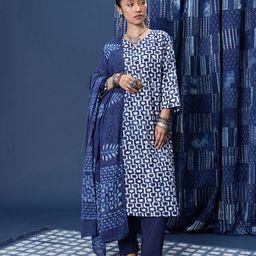 Taavi Indigo Geometric Printed Regular Kurta With Trousers & With Dupatta image 3