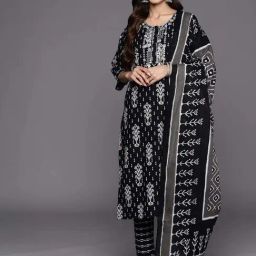 Libas Black Cotton Printed Kurta Pant Set With Dupatta-image-81