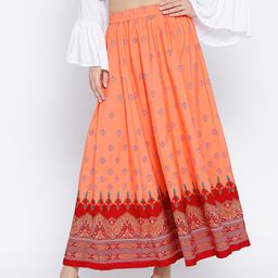 AURELIA Coral Orange Printed Maxi Flared Skirt-image-97