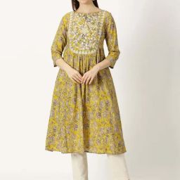Saffron Threads Mustard Cotton Printed A-Line Kurta-image-7