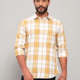 Cantabil Yellow Cotton Regular Fit Checks Shirt-picture-14