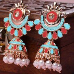 Karatcart Rose Gold-Plated Red And Light Blue Meena Jhumki Earrings for Women-39