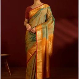 Taneira Green & Yellow Silk Woven Saree With Unstitched Blouse-image-32
