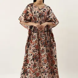 SANSKRUTIHOMES Beige & Red Cotton Printed Maxi Kaftan Nightdress-image-27