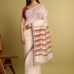 Taneira White Woven Saree With Unstitched Blouse-16