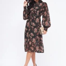 Kibo Black Georgette Print Midi Dress-image-12
