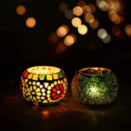eCraftIndia Set of 2 Mosiac Glass Decorative Tea Light Holder/Diya-1