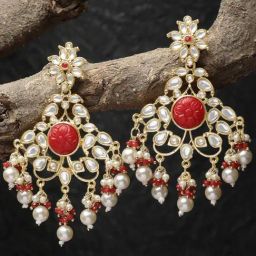 Karatcart Gold-Plated Red Carved Stone Kundan Dangler Earrings for Women-image-7