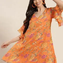 Qurvii Orange Floral Print A Line Dress-picture-19