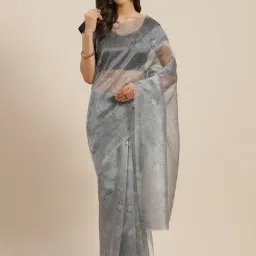 Blissta Grey Floral Print Saree With Unstitched Blouse-picture-18
