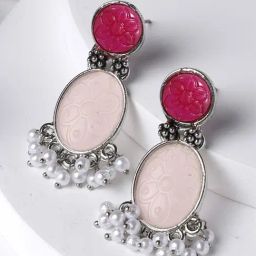 Karatcart Silver Tone Oval Shape Ruby Pink Carved Stone Studded Dangler Earrings for Women-18