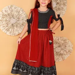 Lil Drama Kids Red with Black Printed Lehenga, Choli with Dupatta-image-2