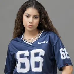 GO DEVIL Varsity Printed V-Neck Crop T-shirt-image-26