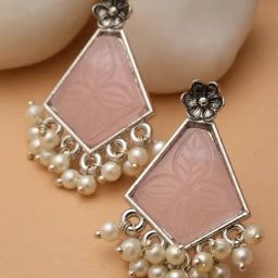 Karatcart Silver Tone Pink Carved Stone Studded Drop Earrings for Women-15