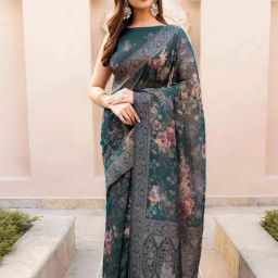 Soch Green Chanderi Floral Saree With Stitched Blouse-picture-32