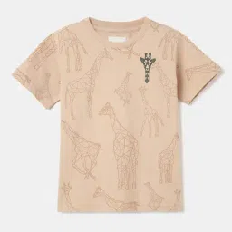 Blue Giraffe Boys Beige Cotton Printed Tshirt-image-81
