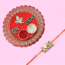 Silver Shine Red 1 Rakhi 1 Bhaiya Rakhi With Pooja Thali Roli Chawal and Greeting Card-image-100