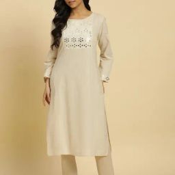 W Beige Cotton Embellished Straight Kurta-image-59