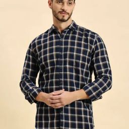 HJ HASASI Navy Slim Fit Check Cotton Shirt-image-77