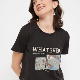 MADAME Black Graphic Print Crop T-Shirt-image-91