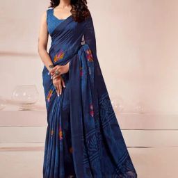 Satrani Navy Printed Saree With Unstitched Blouse-image-16