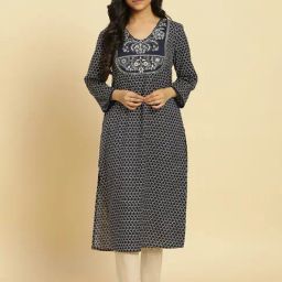 W Blue Printed Straight Kurta-image-77