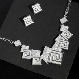 SOHI Silver Statement Necklace & Earring Set-image-34