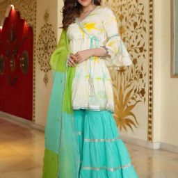 AACHHO White & Turquoise Tie & Dye Kurti Sharara Set With Dupatta-image-55