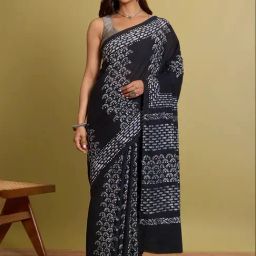 Taneira Black Cotton Printed Saree With Unstitched Blouse-picture-27