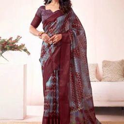 Satrani Maroon & Grey Printed Saree With Unstitched Blouse-image-20