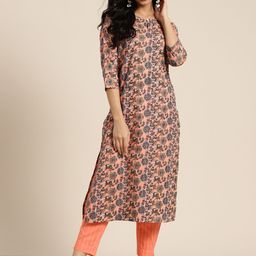 Sangria Women Peach-Coloured Pure Cotton Floral Print Regular Kurta with Trousers-image-41