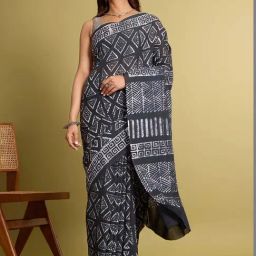 Taneira Black Cotton Printed Saree With Unstitched Blouse-picture-47