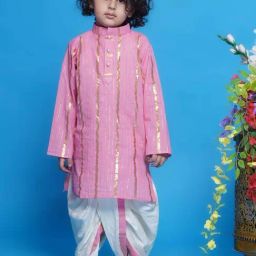 Little Bansi Boys Pink & White Cotton Striped Full Sleeves Kurta Set-image-61