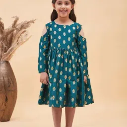 VASTRAMAY Girls Green Printed Full Sleeves Dresses-picture-2