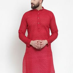Jompers Men Red Embroidered Straight Kurta-image-7