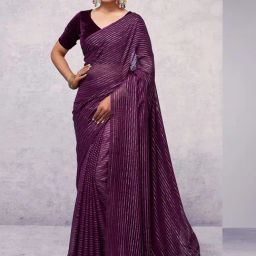 Satrani Purple Striped Saree With Unstitched Blouse-image-66