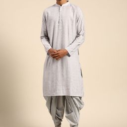 KISAH Men Grey Embroidered Pure Cotton Kurta with Dhoti Pants-33