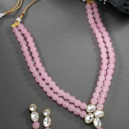 Peora Gold-Plated Pink Kundan Long Necklace & Drop Earrings Traditional Jewellery Set-image-80