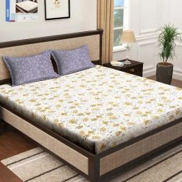 Klotthe White & Yellow 300 TC Polycotton Double Book Fold Bedsheet with 2 Pillow Covers-image-27
