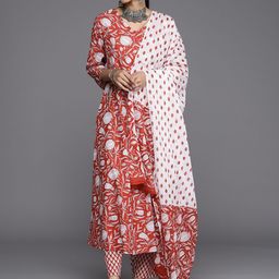 Varanga Women Red Ethnic Motifs Printed Pure Cotton Kurta with Trousers & Dupatta-image-56