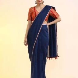 Jaipur Kurti Navy Blue Solid Saree with Unstitched Blouse-picture-15
