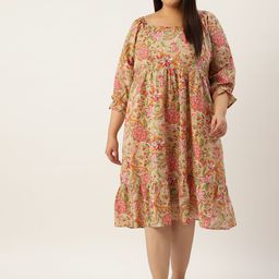 theRebelinme Plus Size Floral Print Puff Sleeves Sweetheart Neck Pure Cotton Midi Dress-18