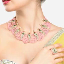 Zaveri Pearls Green Pink Crystals Multistrand Parrot Choker Necklace Earring Ring Set-ZPFK14441-image-24