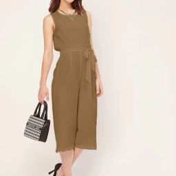 Moomaya Beige Georgette Midi Jumpsuit-image-84