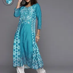 Biba Women Blue & White Ethnic Motifs Printed Kurta & Mask-picture-12