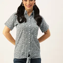 CATCHY Floral Print Shirt Style Top With Tie-Up Detail-image-36